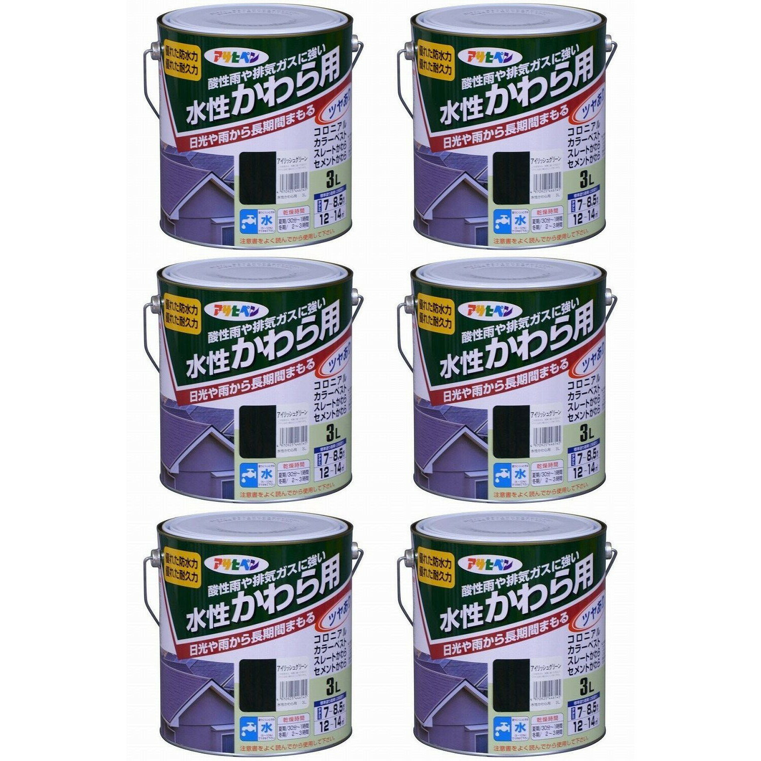 ◆酸性雨や排気ガスに強いかわら用塗料◆特長◆●優れた防水力・耐久力で長期間・日光や雨からかわらを守ります。 ●酸性雨や排気ガスに対して優れた保護効果 を発揮します。 ●伸びがよく、ハケさばきが軽いので塗りやすく美しいツヤのある塗料です。◆ポイント◆防水性、耐久性に優れた水性アクリル樹脂のかわら用塗料◆使用用途◆●コロニアル・カラーベストなど新生瓦、スレート瓦や各種セメント瓦に最適。 ●そのほか、コンクリートのカベやヘイにも塗れます。モニエル瓦等の乾式コンクリート瓦には使用できません。 ◆うすめ方◆塗りにくいときは水(5%〜10%)でうすめて下さい。◆乾燥時間◆夏期／30分〜1時間　冬期／2〜3時間◆標準塗り面積◆【2回塗り】 3L：12〜14m 2 7L：27〜32m 2 14L：54〜64m 2特徴 ● 優れた防水力・耐久力で長期間・日光や雨からかわらを守ります。 ● 酸性雨や排気ガスに対して優れた保護効果 を発揮します。 ● 伸びがよく、ハケさばきが軽いので塗りやすく美しいツヤのある塗料です。 用途 ● コロニアル・カラーベストなど新生瓦、スレート瓦や各種セメント瓦に最適。 ● そのほか、コンクリートのカベやヘイにも塗れます。 うすめ方塗りにくいときは水(5%〜10%)でうすめて下さい。乾燥時間夏期/30分〜1時間 冬期/2〜3時間標準塗り面積【2回塗り】 3L：12〜14平方メートル (タタミ7.0〜8.8枚分)