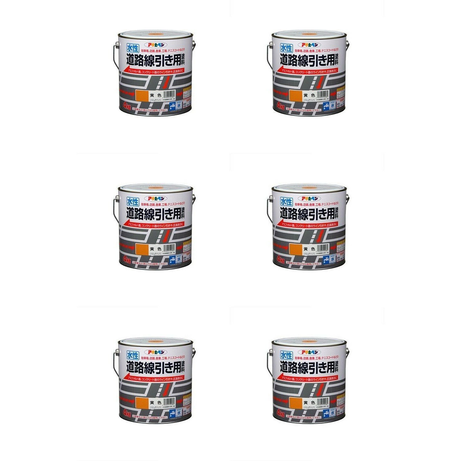 アサヒペン 水性道路線引き用塗料 4KG 黄色 6缶セット