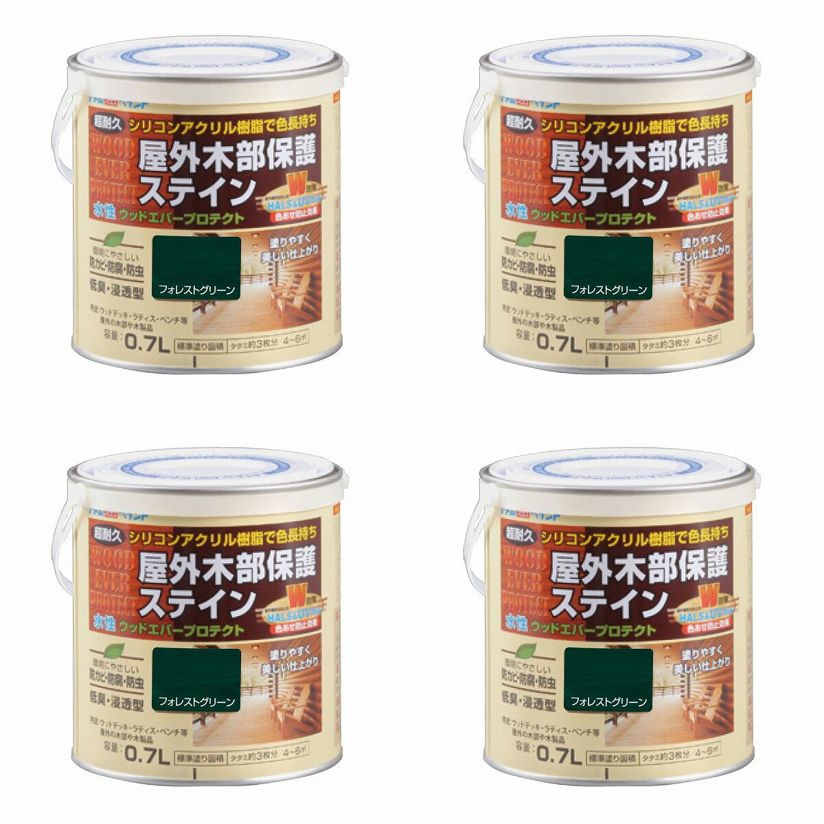 ※色見本はご使用端末により若干の誤差がございますので、ご注意ください。 【特長】 ・シリコンアクリル樹脂にHALS(紫外線劣化防止剤）とUV吸収剤を配合し、木部の長期間色あせ防止と耐久性を向上させました。 ・防虫・防腐・防カビ剤効果も抜群なので、水性でありながらログハウスやウッドデッキ等に安心して使用できます。 ・従来の水性タイプと違い、塗りムラや塗り継ぎムラが出にくいです。 ・着色力が強いので、塗り替え時でも綺麗に仕上がります。 【属性・仕上がり感・塗り回数】 ・水性つや消し仕上げ/　2回塗り（薄く2回塗りを推奨） 【用途】 ・ウッドデッキやラティス、ベンチ等の屋外の木部や木製品に 【塗り面積】 ・0.7L : 4 〜 6m2 (タタミ枚数換算　約 3枚) ・1.6L : 9 〜 13m2 (タタミ枚数換算　約 7枚) ・　3L :　19 〜 23m2 (タタミ枚数換算　約　13枚) ・14L　: 80 〜 120m2 (タタミ枚数換算　約　60枚) 【表面乾燥時間】 ・夏期　約1時間、冬期　2〜3時間 【うすめ液/刷毛洗い】 ・通常/不要、濃い時/不要 ・ハケ洗い：水 【使用上の注意】 ・塗りつぶしタイプの塗装面や、木材以外の素材、化粧合板、にはご使用になれません。 ・なるべく日光に当てて乾かしてください。 ・防虫防腐剤が含まれていますので、犬小屋やペットがなめたり、かじったりする可能性のある場所には適しません。0