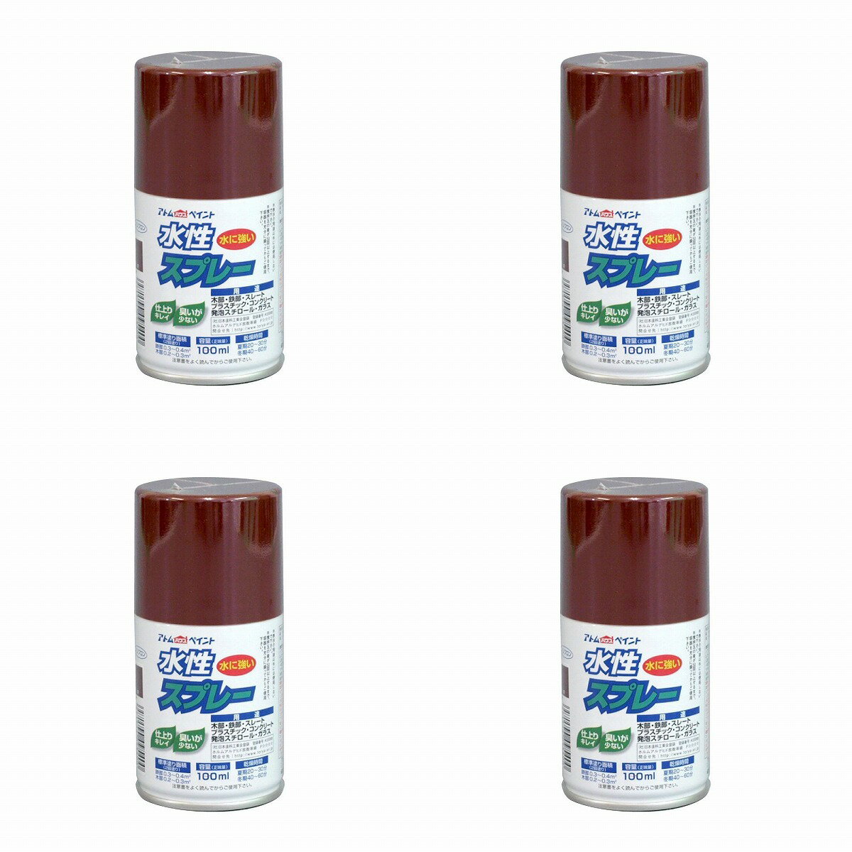 ※色見本はご使用端末により若干の誤差がございますので、ご注意ください。 【特長】 ・鮮やかな光沢（つや消し色は除く）で速乾性。臭いも少なく扱いやすい。 ・霧が細かいのでタレにくく、誰でも綺麗に吹けます。 ・発泡スチロールや段ボール（はっ水加工部は除く）にも塗装ができますので、学園祭や文化祭、体育祭などのイベントにも最適です。 ・乾くと水にも落ちることなく、長期間美しいツヤと色合いを維持します。 【属性・仕上がり感・塗り回数】 ・水性つやあり/2回塗り 【用途】 ・鉄部、木部、コンクリート、プラスティック、ガラス、スレート、段ボール、発泡スチロール等 【塗り面積】 ・100ML : 0.2〜0.4m2 タタミ枚数換算　約1/5枚 ・300ML : 0.7〜1.2m2 タタミ枚数換算　約1/2枚 【表面乾燥時間】 ・乾燥時間：夏期　20〜30分、冬期　40〜60分 【使用上の注意】 ・プラスティックは、アクリル、硬質塩ビ、ABSに限ります。 ・換気の良い場所（屋外）で塗装してください。 ・まわりの車や建物等に飛び散らないよう注意してください。0