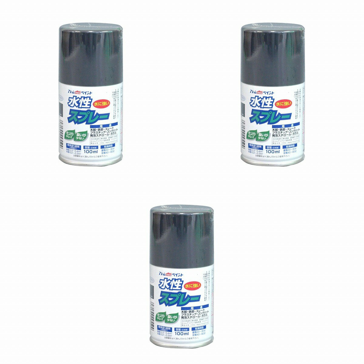 ※色見本はご使用端末により若干の誤差がございますので、ご注意ください。 【特長】 ・鮮やかな光沢（つや消し色は除く）で速乾性。臭いも少なく扱いやすい。 ・霧が細かいのでタレにくく、誰でも綺麗に吹けます。 ・発泡スチロールや段ボール（はっ水加工部は除く）にも塗装ができますので、学園祭や文化祭、体育祭などのイベントにも最適です。 ・乾くと水にも落ちることなく、長期間美しいツヤと色合いを維持します。 【属性・仕上がり感・塗り回数】 ・水性つやあり/2回塗り 【用途】 ・鉄部、木部、コンクリート、プラスティック、ガラス、スレート、段ボール、発泡スチロール等 【塗り面積】 ・100ML : 0.2〜0.4m2 タタミ枚数換算　約1/5枚 ・300ML : 0.7〜1.2m2 タタミ枚数換算　約1/2枚 【表面乾燥時間】 ・乾燥時間：夏期　20〜30分、冬期　40〜60分 【使用上の注意】 ・プラスティックは、アクリル、硬質塩ビ、ABSに限ります。 ・換気の良い場所（屋外）で塗装してください。 ・まわりの車や建物等に飛び散らないよう注意してください。0