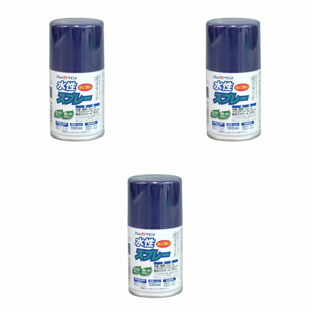 ※色見本はご使用端末により若干の誤差がございますので、ご注意ください。 【特長】 ・鮮やかな光沢（つや消し色は除く）で速乾性。臭いも少なく扱いやすい。 ・霧が細かいのでタレにくく、誰でも綺麗に吹けます。 ・発泡スチロールや段ボール（はっ水加工部は除く）にも塗装ができますので、学園祭や文化祭、体育祭などのイベントにも最適です。 ・乾くと水にも落ちることなく、長期間美しいツヤと色合いを維持します。 【属性・仕上がり感・塗り回数】 ・水性つやあり/2回塗り 【用途】 ・鉄部、木部、コンクリート、プラスティック、ガラス、スレート、段ボール、発泡スチロール等 【塗り面積】 ・100ML : 0.2〜0.4m2 タタミ枚数換算　約1/5枚 ・300ML : 0.7〜1.2m2 タタミ枚数換算　約1/2枚 【表面乾燥時間】 ・乾燥時間：夏期　20〜30分、冬期　40〜60分 【使用上の注意】 ・プラスティックは、アクリル、硬質塩ビ、ABSに限ります。 ・換気の良い場所（屋外）で塗装してください。 ・まわりの車や建物等に飛び散らないよう注意してください。0