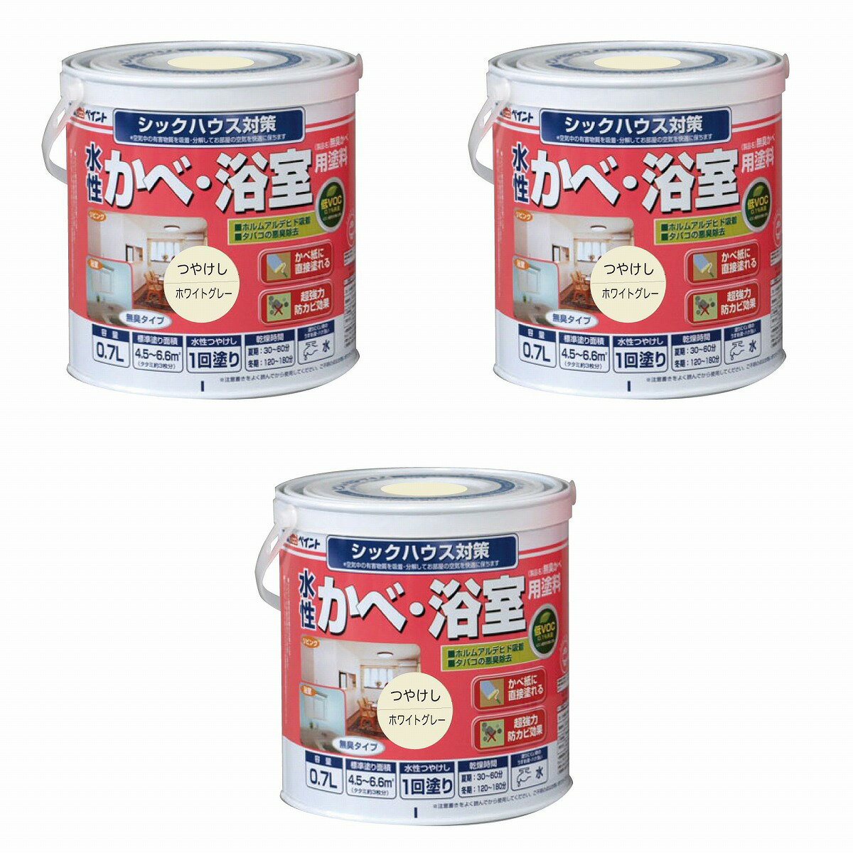 ※色見本はご使用端末により若干の誤差がございますので、ご注意ください。 【特長】 ・ホルムアルデヒドやタバコの悪臭を吸着し封じ込めます。 ・強力防かび剤配合なので、浴室かべ・カビの気になるビニールクロスの塗り替えにもお奨めです。 【属性・仕上がり感・塗り回数】 ・水性つや消し仕上げ/1回塗り（薄く2回塗りを推奨） 【用途】 ・室内かべ、天井、浴室かべ、トイレ、台所、洗面所、リビング ・コンクリート、モルタル、しっくい、木部、ビニールクロス ・砂壁、京かべ、繊維かべなど 【塗り面積】 ・200ml: 1.2〜1.8m2　(タタミ枚数換算約　0.8枚) ・0.7L : 4.5〜6.6m2　(タタミ枚数換算約 3枚) ・1.6L : 10〜15m2　(タタミ枚数換算約 7枚) ・7L : 45〜66m2 (タタミ枚数換算約　30枚) ・14L : 90〜132m2 (タタミ枚数換算約　60枚) 【表面乾燥時間】 ・夏期　30〜60分、冬期　2〜3時間 ※気温23℃、湿度50%時の場合。 【うすめ液/刷毛洗い】 ・通常/不要、濃い時/水 ・ハケ洗い：水 【使用上の注意】 ・浴室のかべに塗る場合は、塗装前日より浴槽の水を抜き、 完全に乾燥している状態にしてください。 ・塗装後は、最低24時間は一切の水や湿気を浴室内に入れないでください。 乾燥不良が起こると、手で触ると色が付いたり、臭いが発生する場合がございますので、ご注意ください。0