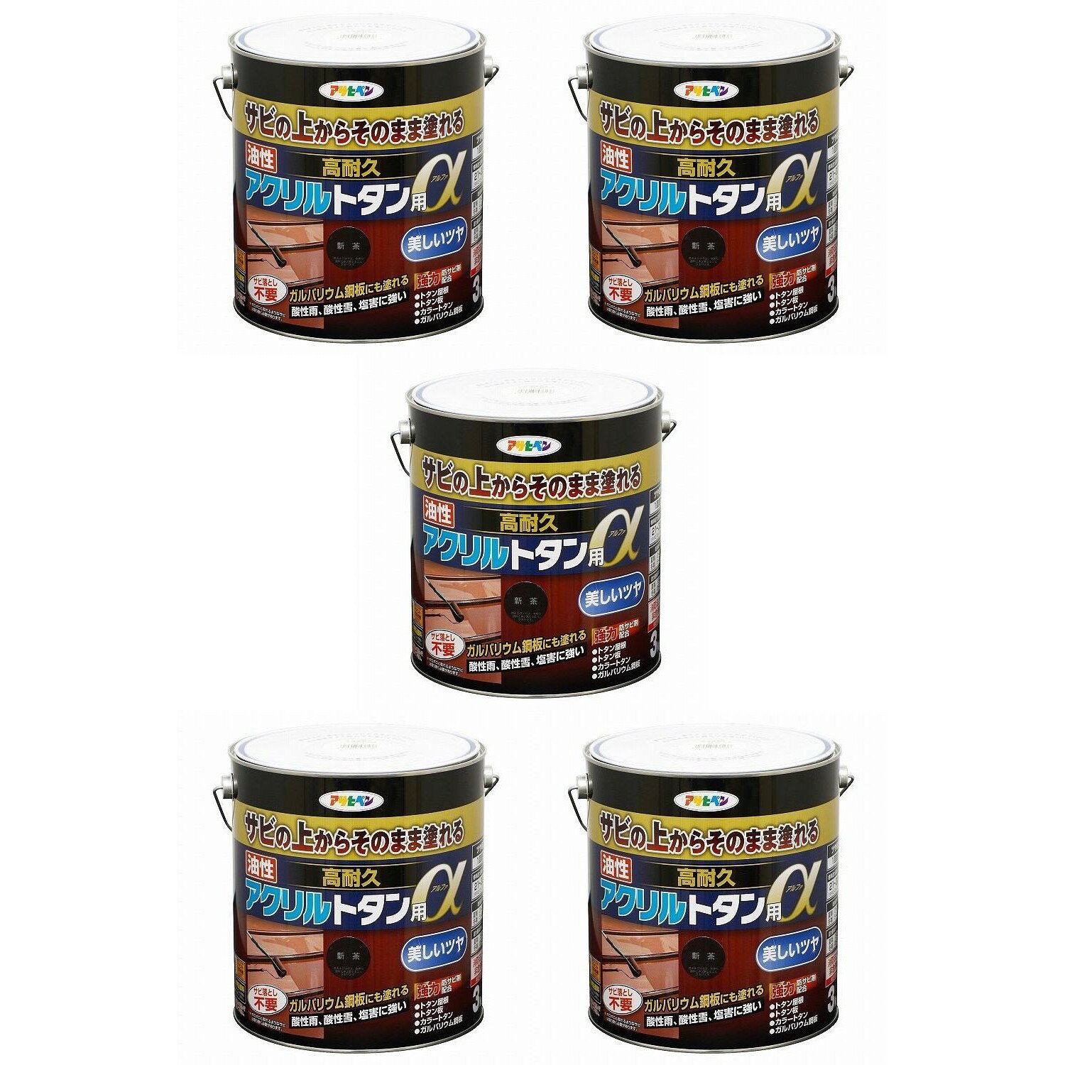 特長 ●サビの上から直接塗れる、トタン用の高光沢塗料です。 ● 1回塗りで仕上がりますので作業性が抜群です。 ● 特殊強力防サビ剤がサビの進行を抑え、長期間素材をサビから保護します。 ● 特殊アクリル樹脂の採用で耐候性が抜群です。 ● 密着力が強く、ガルバリウム鋼板にも塗装が可能。 ● 消防法上の非危険物(指定可燃物) 用途 適した場所 屋内外区分：屋外用 屋根、とい、ひさし、下見板、へいなどのトタン板、カラートタン、ガルバリウム鋼板、屋外の鉄部や木部 標準塗り回数 1回塗り 光沢 ツヤあり 注意事項 食器などの直接食品等が触れるような箇所や、常時水につかるところ、車のマフラーなど耐熱性が必要な ところ、自動車・バイクの補修、床面、テーブルの天面には適しません 規格 ラインナップ 1.6kg、3kg、6kg、12kg 塗り面積 【1回塗り】 1.6kg 11〜17m2（タタミ7〜10枚分） 3kg 21〜32m2 （タタミ13〜19枚分） 6kg 42〜65m2 （タタミ25〜39枚分） 12kg 84〜130m2（タタミ51〜78枚分）特長 ●サビの上から直接塗れる、トタン用の高光沢塗料です。 ● 1回塗りで仕上がりますので作業性が抜群です。 ● 特殊強力防サビ剤がサビの進行を抑え、長期間素材をサビから保護します。 ● 特殊アクリル樹脂の採用で耐候性が抜群です。 ● 密着力が強く、ガルバリウム鋼板にも塗装が可能。 ● 消防法上の非危険物(指定可燃物) 用途 適した場所 屋内外区分：屋外用 屋根、とい、ひさし、下見板、へいなどのトタン板、カラートタン、ガルバリウム鋼板、屋外の鉄部や木部 標準塗り回数 1回塗り 光沢 ツヤあり 注意事項 食器などの直接食品等が触れるような箇所や、常時水につかるところ、車のマフラーなど耐熱性が必要な ところ、自動車・バイクの補修、床面、テーブルの天面には適しません 規格 ラインナップ 1.6kg、3kg、6kg、12kg 塗り面積 【1回塗り】 1.6kg 11〜17m2（タタミ7〜10枚分） 3kg 21〜32m2 （タタミ13〜19枚分） 6kg 42〜65m2 （タタミ25〜39枚分） 12kg 84〜130m2（タタミ51〜78枚分）
