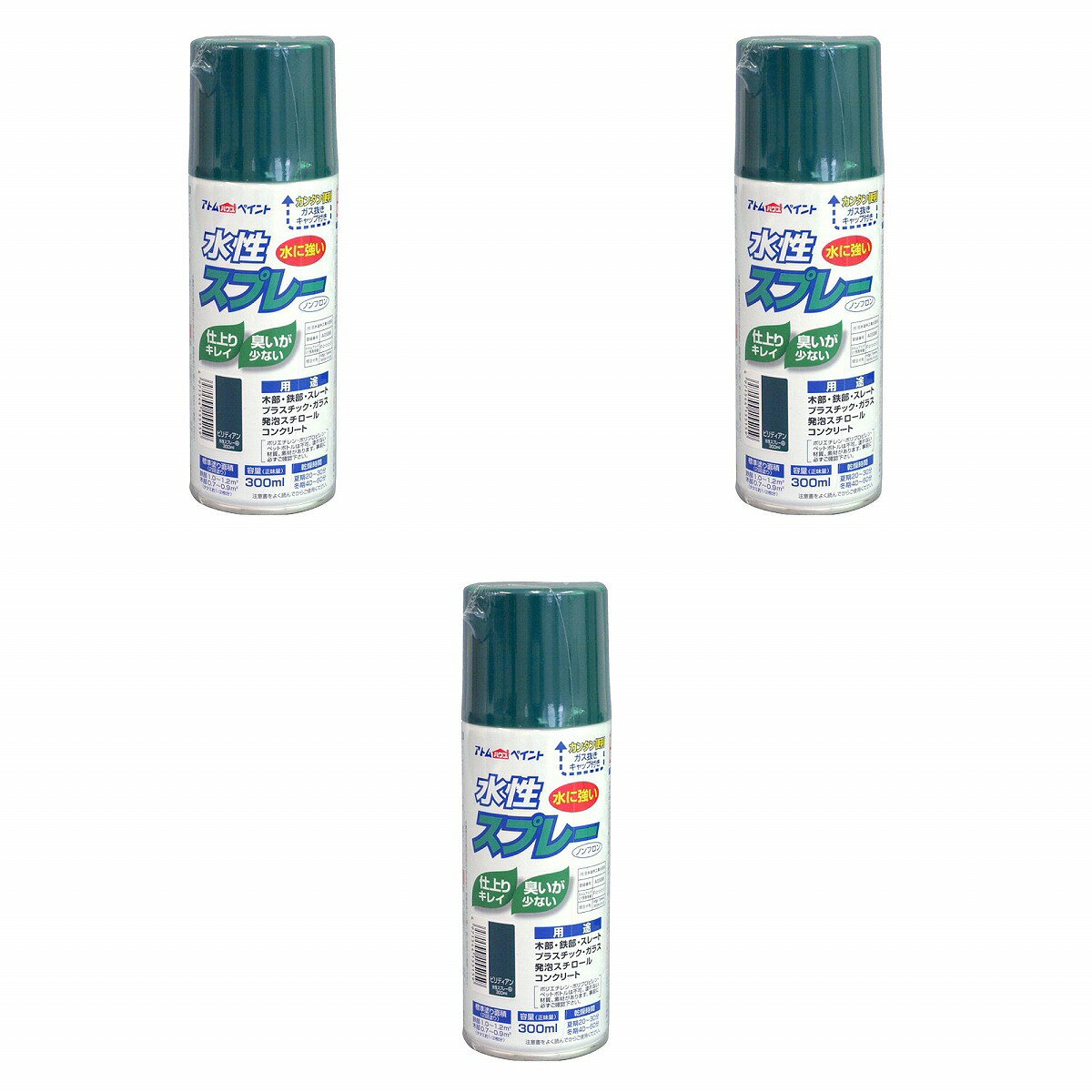※色見本はご使用端末により若干の誤差がございますので、ご注意ください。 【特長】 ・鮮やかな光沢（つや消し色は除く）で速乾性。臭いも少なく扱いやすい。 ・霧が細かいのでタレにくく、誰でも綺麗に吹けます。 ・発泡スチロールや段ボール（はっ水加工部は除く）にも塗装ができますので、学園祭や文化祭、体育祭などのイベントにも最適です。 ・乾くと水にも落ちることなく、長期間美しいツヤと色合いを維持します。 【属性・仕上がり感・塗り回数】 ・水性つやあり/2回塗り 【用途】 ・鉄部、木部、コンクリート、プラスティック、ガラス、スレート、段ボール、発泡スチロール等 【塗り面積】 ・100ML : 0.2〜0.4m2 タタミ枚数換算　約1/5枚 ・300ML : 0.7〜1.2m2 タタミ枚数換算　約1/2枚 【表面乾燥時間】 ・乾燥時間：夏期　20〜30分、冬期　40〜60分 【使用上の注意】 ・プラスティックは、アクリル、硬質塩ビ、ABSに限ります。 ・換気の良い場所（屋外）で塗装してください。 ・まわりの車や建物等に飛び散らないよう注意してください。0