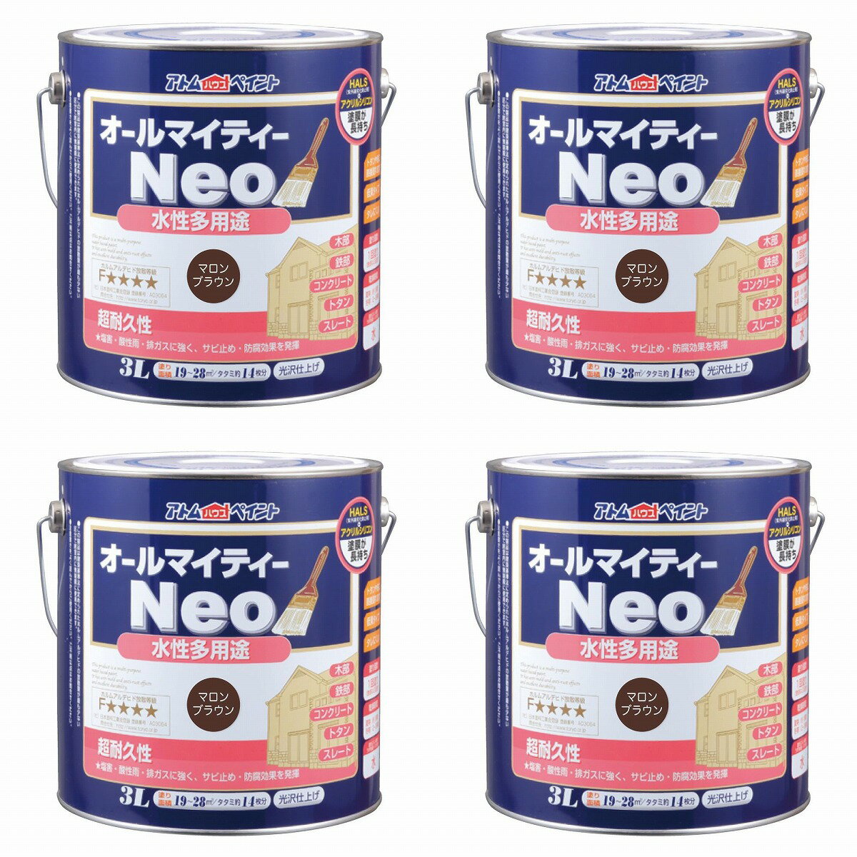 ※色見本はご使用端末により若干の誤差がございますので、ご注意ください。 【特長】 ・長期耐候を実現するアクリルシリコン樹脂とHALS（紫外線劣化防止剤）配合で、さらに色・ツヤが持続します。 ・カラーやサイズのバリエーションも豊富で学園祭や体育祭、文化祭をはじめ本格的な建築用途まで幅広い用途、幅広いお客様から支持されている塗料です。 ・別売りの「アトム　つや調整剤」を使用することで、オールマイティーネオのつやを調整することができます。 【属性・仕上がり感・塗り回数】 ・水性つやあり仕上げ/1回塗り（薄く2回塗りを推奨） 【用途】 ・（コンクリート）　モルタル、ブロック、外かべ等 ・（スレート）　スレート屋根、スレート瓦 ・（トタン（屋根除く））　トタン板、下見トタン 【塗り面積】 ・ 84ML : 0.8m2 (タタミ枚数換算 約 0.5枚) ・200ML : 2m2 (タタミ枚数換算 約 1.3枚) ・ 0.7L : 5 〜 7m2 (タタミ枚数換算 約 4枚) ・ 1.6L : 10 〜 15m2 (タタミ枚数換算 約 8枚) ・ 3L : 19 〜 28m2 (タタミ枚数換算 約 14枚) ・ 7L : 50 〜 70m2 (タタミ枚数換算　約 35〜45枚) ・ 14L :100〜140m2 (タタミ枚数換算　約 70〜90枚) 【表面乾燥時間】 ・夏期　約1時間、冬期　2〜3時間 ※気温23度、湿度50%時の場合。 【うすめ液/刷毛洗い】 ・通常/不要、濃い時/水 ・ハケ洗い：水 【使用上の注意】・鉄部の塗装は錆が激しい場合、さび止め塗料を塗ってからの上塗りをお奨めします。 ・冬季は乾燥不良を避けるため、日中に塗装が終了するように作業してください。 結露等により、剥がれの原因となります。0