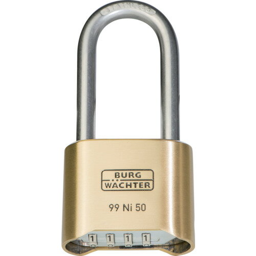 ブルク　ヴェヒター　ダイヤル式南京錠　No．99　つる長　99Ni50HB−65SB JAN：4003482374917 メーカー：BURG　WAECHTER社 / ブランド：ブルク　ヴェヒター / 原産国：中国 特長●暗証番号の設定には専用の鍵が必要なので、誤設定の心配がありません。●ツルの両側でロックが掛かり、耐引き抜き性能に優れています。●ボディは屈強な真鍮製です。●お好みの4桁の数字からダイヤル番号を選べます。●つるが長く施錠し易いです。 用途●屋外での使用に。●防犯、管理、保管用として。 仕様●ダイヤル：4桁●幅(mm)：51.9●ツル径(mm)：7.8●色：ゴールド●B(mm)：57.6●C(mm)：25.4●長さ(mm)：57.6●タイプ：可変式 仕様（詳細）●可変4桁ダイヤル式 材質／仕上●本体：真鍮●ツル：ステンレス鋼 セット内容／付属品●暗証番号設定用鍵×1本 ご注意●付属の鍵は解錠用ではありません。●鍵を紛失されると暗証番号の設定が出来なくなりますので、大切に保管下さい。