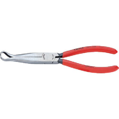 KNIPEX　メカニックプライヤー　200mm JAN：4003773017233 メーカー：KNIPEX社 / ブランド：KNIPEX / 原産国：ドイツ 特長●負荷のかかるつかみ、曲げ作業に最適なヘッド・先端部の強度を持つプライヤーです。●つかみ面は網目すじ入りです。●曲げの作業に特化した先端です。●ヘッド先端は半丸口です。 用途●掴み、曲げ作業に。 仕様●全長(mm)：200●厚さ(mm)：9.5●A(mm)：73.0●先端形状：45°嘴形●先端形状(mm)E×F：-×2.5●ハンドル：コンフォートタイプ●口先の長さ(mm)：73●ジョイント部の幅(mm)：17.5●ジョイント部の厚さ(mm)：9.5●口先先端の幅(mm)：2.5 仕様（詳細）●先端部ギザなし 材質／仕上●焼き入れクロムバナジウム鋼 ご注意●ハンドルデザインのモデルチェンジにより、一定の期間において新モデルと旧モデルが混在する可能性があります。予めご了承ください。詳しくはオレンジブック.com商品ページ添付のモデルチェンジ案内書をご参照ください。