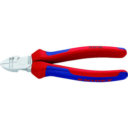 KNIPEX　被覆剥き穴付ニッパー　160mm JAN：4003773028697 メーカー：KNIPEX社 / ブランド：KNIPEX / 原産国：ドイツ 特長 ●パワージョイントによる高い切断性能です。●高周波焼き入れを施した精密な切断刃で、刃の硬度は約60HRCです。●鍛造、多段階油焼き入れ 仕様 ●全長(mm)：160●切断能力(mm)鉄線：φ1.5●切断能力(mm)軟線：φ2.5●切断能力(mm)中硬線：φ1.5●タイプ：クロームメッキ処理●ハンドル：コンフォート●皮むき能力(mm［［の2乗］］)：1.5 / 2.5●皮むき能力(AWG)：16 / 14 仕様（詳細） ●1.5mm［［の2乗］］、2.5mm［［の2乗］］のストリップホール付 材質／仕上 ●バナジウム電気鋼●グリップ：樹脂 ご注意●ハンドルデザインのモデルチェンジにより、一定の期間において新モデルと旧モデルが混在する可能性があります。予めご了承ください。詳しくはオレンジブック.com商品ページ添付のモデルチェンジ案内書をご参照ください。