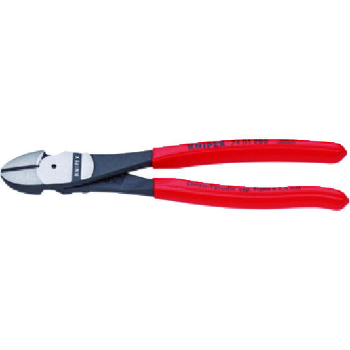 KNIPEX　強力型ニッパー　プラスチックハンドル　200mmJAN：4003773034056メーカー：KNIPEX社 / ブランド：KNIPEX / 原産国：ドイツ特長●ジョイント部は鍛造軸カシメを採用し耐久性に優れています。●ピアノ線を含む様々なワイヤの切断に適しています。●最適な刃の位置と角度・てこの原理を最大限発揮するデザイン・人間工学に基づいたハンドル形状-この3つの利点により、少ない力で高い切断能力を発揮します。●入念な焼入れ処理が施された刃の硬度は約HRC64です。仕様●全長(mm)：200●刃表面形状：両刃（ベベル付）●切断能力(mm)ピアノ線：φ2.5●切断能力(mm)硬線：φ3.0●切断能力(mm)中硬線：φ4.2●ハンドル：プラスチックココート仕様（詳細）●刃の硬度：約64HRC材質／仕上●焼き入れクロムバナジウム鋼