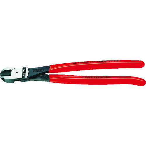 KNIPEX　7491−250　ピアノ線用ニッパーJAN：4003773034070メーカー：KNIPEX社 / ブランド：KNIPEX / 原産国：ドイツ特長●精密な切断が可能な中心刃です。●非常に少ない力で切断でき、手に掛かる力を和らげます。●入念な焼入れ処理がされた刃は硬度は64HRCです。●鍛造のジョイント軸でハードな使用にも耐えられます。仕様●全長(mm)：250●切断能力(mm)ピアノ線：φ3.5●切断能力(mm)硬線：φ3.8●切断能力(mm)軟線：φ5.0●切断能力(mm)中硬線：φ5.0仕様（詳細）●7491-250ピアノ線用ニッパー材質／仕上●焼き入れクロムバナジウム鋼