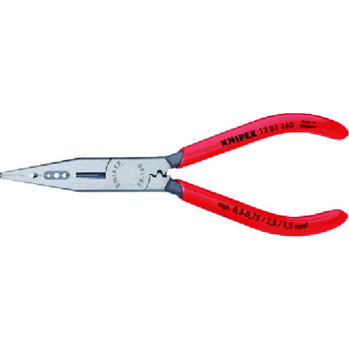 KNIPEX　電気技師用ラジオペンチ　160mm JAN：4003773034971 メーカー：KNIPEX社 / ブランド：KNIPEX / 原産国：ドイツ 特長 ●ケーブルに関するあらゆる作業に最適なプライヤーです。●ワイヤをつかんだり、曲げたりする作業に適しています。●入念な焼入れ処理が施された精密なカッター部の硬度は約HRC60です。●精密なストリッピング（皮むき）用の穴を装備しています。（皮むき能力：0.5〜0.75、1.5、2.5mm［［の2乗］］）●エンドスリーブの圧着も可能です。 仕様 ●全長(mm)：160●切断能力(mm)硬線：φ1.6●切断能力(mm)中硬線：φ2.5●落下防止用ひも取付穴：無●皮むき能力(［［MM2］］)：0.5〜0.75/1.5/2.5●ハンドル：プラスチックコーティング 仕様（詳細） ●先端部ギザ付 材質／仕上 ●焼き入れクロムバナジウム鋼
