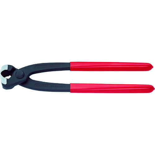 KNIPEX　1098—I220　イヤークランププライヤー JAN：4003773080749 メーカー：KNIPEX社 / ブランド：KNIPEX / 原産国：ドイツ 特長 ●1イヤークランプおよび2イヤークランプ（Oetiker製品など）を簡単かつ確実に固定できます。●イヤークランプのプレス箇所を傷めません。●スリムなヘッドにより、狭い場所に届きやすくなっています。 仕様 ●全長(mm)：220●タイプ：サイド刃無 材質／仕上 ●特殊工具鋼（鍛造、油焼き入れ）●グリップ：ソフトプラスチックコーティング