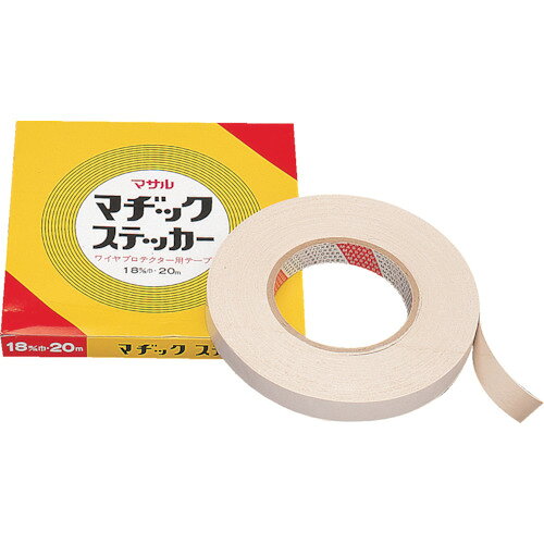 マサル　マヂックステッカー（床用）　10mmx20m JAN：4528944020008 メーカー：マサル工業（株） / ブランド：マサル / 原産国：日本 特長 ●高い粘着力を長時間保ちます。 用途 ●ガードマン2・ワイヤプロテクタ・エムケーダクトなどの床面施工に。 仕様 ●色：白●幅(mm)：10●長さ(m)：20●厚さ(mm)：0.5 材質／仕上 ●基材：スフ織物●粘着剤：天然ゴム系イソプレン