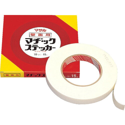 マサル　マヂックステッカー（壁面用）　10mmx15m JAN：4528944020060 メーカー：マサル工業（株） / ブランド：マサル / 原産国：日本 特長 ●高い接着力と保持力を発揮します。 用途 ●ニュー・エフモール、オプトモールなどの壁面施工に。 仕様 ●色：白●幅(mm)：10●長さ(m)：15●厚さ(mm)：0.7 材質／仕上 ●基材：オレフィン系発泡体●粘着剤：アクリル系