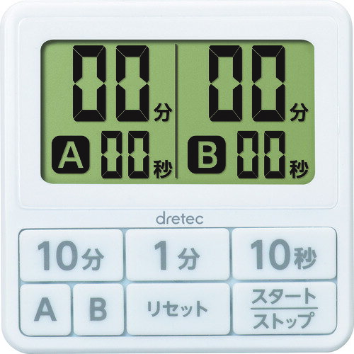 特長●1台で2つの時間を同時にはかれます用途●時間の計測に仕様●最大計時：199分50秒●最小計時(秒)：1●幅(mm)：75●奥行(mm)：10●高さ(mm)：75●色：ホワイト●縦(mm)：75●横(mm)：75●厚さ(mm)：10●電源：リチウム電池CR2025×1個(動作確認用付属)仕様2●2つの時間を計測●カウントアップ最大計測時間180分00秒●オートパワーオフ機能（約10分）●マグネット付（ネオジウム×1個）材質／仕上●本体：ABS樹脂セット内容／付属品●リチウム電池CR2025×1個(動作確認用)注意