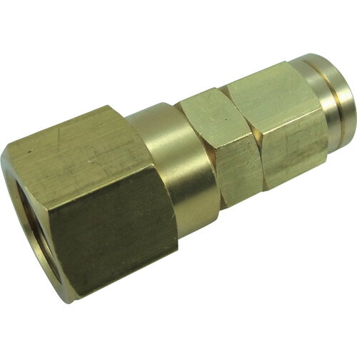 チヨダ　配管継手　ユニバーサルソケット　10mm・Rc3／8JAN：4537327014060メーカー：千代田通商（株） / ブランド：チヨダ / 原産国：日本特長●袋ナットによる締め込み式です。仕様●接続口径D：Rc3/8●使用流体：空気・水●タイプ：ユニバーサルソケット●六角対辺(mm)H1：21●六角対辺(mm)H2：16●六角対辺(mm)H3：16●適合チューブ外径×内径(mm)：10×6.5仕様（詳細）●流体温度：-5〜60℃●使用圧力：1MPa材質／仕上●本体:黄銅