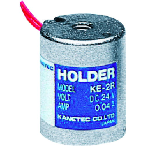 KANETEC　自動釈放形電磁ホルダ　径20mm×高さ25mmJAN：4544554402935メーカー：カネテック（株） / ブランド：KANETEC / 原産国：日本特長●連続使用が可能です。●吸着面中央の突起のスプリング圧で、瞬時釈放ができます。●状況に合わせてスプリングの押圧は調整できます。●釈放プランジャー内蔵で軽量ワークの釈放に有効です。●自動化製造ラインに活用可能です。用途●ワーク質量のみでは釈放し難い場合の搬送、工業用ロボットの把手部まで広い範囲に。●自動プレスの材料送り、シャーリング材料のたわみ防止をはじめ、各種自動化機器から工業用ロボットの把手部まで、広い範囲に応用できます。仕様●吸着力(N)：5●高さ(mm)：25●径(mm)：20●電圧(V)：DC24●電流(A)：0.04●適合整流器：KR-T101A-6/24 RH-M303A-6/24/-C1/-C2 RH-M105B-24●入力電圧(V)：DC24Vご注意●コード上面引出し仕様(KE-RA-U)も製作可能です。