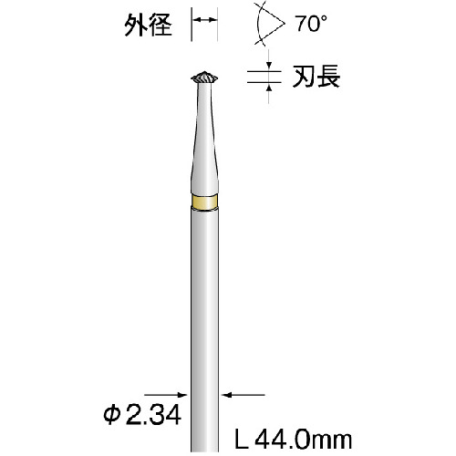 特長●高い寸法精度に加え、優れた切削性と長寿命です。用途仕様●形状：菱形(ストレートカット)●刃径(mm)：1.6●刃長(mm)：0.68●軸径(mm)：2.34●軸径：φ2.34●角度(°)：70●全長(mm)：44●最高使用回転数(rpm)：80000●エッジ角：70°仕様2●適合素材：工具鋼、合金鋼、一般鋼、ステンレス、アルミニウム、銅●軸径：φ2.34●刃径（mm):1.6●全長（mm）：44●高い寸法精度に加え、優れた切削性と長寿命●ソロバン形状　エッジ角70°材質／仕上セット内容／付属品注意