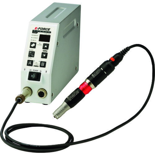E‐FORCE　標準セット（40kモータタイプ）　Φ3．0　100V用（9004）JAN：4580013290484メーカー：永興電機工業（株） / ブランド：E‐FORCE / 原産国：日本特長●ハンドピースは遠心力を利用して切粉を排除するトリプルガード構造で優れた防塵機能を実現します。●先端に装着したコレットチャックを交換することで、軸径φ1.0〜φ3.175までの軸付先端工具が使用可能です。●軸付先端工具は着脱リングを回転させワンタッチで着脱できます。●クイックチェンジ機能を搭載しアタッチメントとモータをスピード交換することができます。●インターロック機能を搭載しモータとアタッチメントで不適合な組み合わせができない構造で、使用者の安全と機器トラブルを防止します。●低振動で静粛性に優れたブラシレスモータはセラミックベアリング搭載で耐久性が大幅にアップ、メンテナンスフリーで使用できます。●モータに多機能スイッチを搭載しスイッチ操作で電源ON/OFF、回転数UP/DOWNの手元操作が可能です。●コントローラは軽量コンパクトに設計、作業スペースを取らず持ち運びに便利です。●過負荷状態が一定時間継続すると一旦停止する安全機能を搭載しています。用途●推奨作業：穴あけ、面取り、バリ取り、切断。●主な被削材料：金属、セラミック、ガラス、フェライト、シリコン、石材、陶磁器、貴石、プラスチック、ゴム、木材。仕様●無負荷回転数(min［［の−1乗］］)：1000〜40000●電源(V)：AC100●最大出力(W)：84●入力電圧(V)：AC100●適合コレット(mm)：φ1.0〜φ3.175仕様（詳細）●入力電圧：AC100V●最大トルク：4.0cN・m●対応コレット：φ1.0〜φ3.175mm●連続使用回転速度：40000rpmセット内容／付属品●アタッチメント（ロータリー）、40kモータ、コントローラ、電源コード100V用、コレットチャックφ3.0mm、スパナ、ハンドピースホルダー