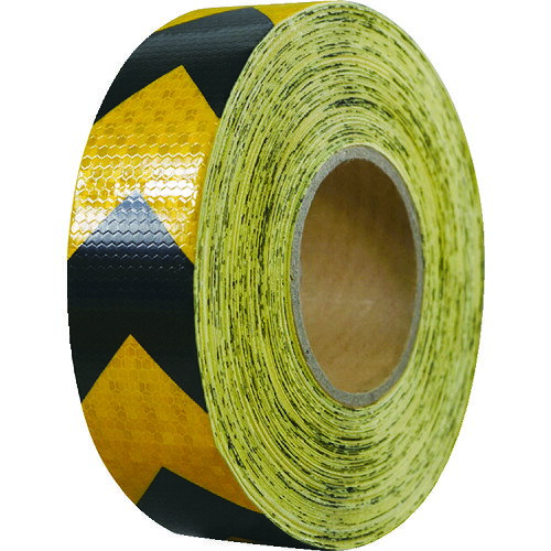 セーフラン　高輝度反射テープ　黄黒矢印　幅50mm×50m JAN：4580059070101 メーカー：セーフラン安全用品（株） / ブランド：セーフラン / 原産国：中国 特長 ●豊富なカラーバリエーションです。●カプセル構造により一般的な反射シートの約3倍の高輝度を実現しました。 用途 ●ヘッドライトなどを受けて明るく輝き、夜間の安全性向上に。 仕様 ●色：黄黒矢印●幅(mm)：50●長さ(m)：50●厚さ(mm)：0.35 材質／仕上 ●基材：PVC
