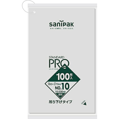 サニパック　L10Hスタンダードポリ袋吊り下げタイプ（0．03）10号JAN：4902393421102メーカー：日本サニパック（株） / ブランド：サニパック / 原産国：インドネシア特長●吊り下げタイプの規格袋です。用途●小物類、食品等の仕分けに。仕様●色：透明●縦(mm)：270●横(mm)：180●厚さ(mm)：0.03●規格(号)：10仕様（詳細）●食品衛生法適合（ポジティブリスト適合）材質／仕上●低密度ポリエチレン（LLDPE）