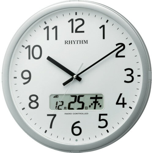 RHYTHM　リズム　電波　壁掛け時計　最大24回／日　プログラムチャイム　カレンダー付き　シルバー　φ350x55