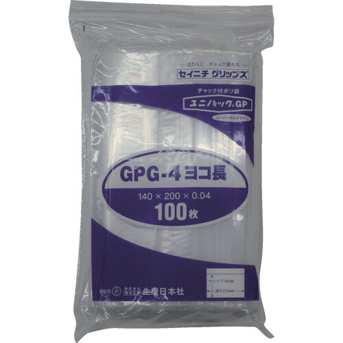 セイニチ　「ユニパックGP」G−4　ヨコ長　140×200×0．04　100枚JAN：4909767172479メーカー：（株）生産日本社 / ブランド：セイニチ / 原産国：日本特長●手袋着用時でも利用可能なため、充填効率UPの期待が持てます。●袋巾が広く、底が浅いため使い勝手の良い商品です。●開けやすく、閉めやすいユニバーサルデザインのチャックです。用途●書類や証明書・部品・雑貨等の保管、小分け。●他、様々な用途に対応仕様●色：透明●縦(mm)：140●横(mm)：200●厚さ(mm)：0.04仕様（詳細）●厚さ：0.04mm●天開き●サイド溶断シール●開口部段差カット●食品衛生法適合（ポジティブリスト適合）材質／仕上●ポリエチレン（PE）ご注意●袋の材質上、突起のある物を入れると破れる恐れがあります。●可燃物ですので、火のそばに置かないでください。●電子レンジやオーブンには使用できません。●商品名と仕様・規格の縦寸法は、チャック下のサイズです。