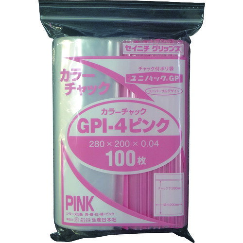 セイニチ　ユニパック　GP　I‐4　カラーチャック　ピンクJAN：4909767173858メーカー：（株）生産日本社 / ブランド：セイニチ / 原産国：日本特長●カラフルなチャックで商品の仕分けに最適です。仕様●色：透明ピンク●縦(mm)：280●横(mm)：200●厚さ(mm)：0.04仕様（詳細）●100枚入り1袋×20●食品衛生法適合（ポジティブリスト適合）ご注意●商品名と仕様・規格の縦寸法は、チャック下のサイズです。
