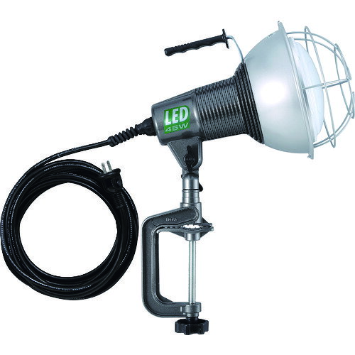 特長●45WのLED電球を使用しています。●ビーム角110度の広角タイプです。●雨中でも安心の屋外用防雨型です。用途仕様●明るさ(lm)：5400●コード長さ(m)：5●外径(mm)：φ215●消費電力(W)：45●電源(V)：100●最大口開き(mm)：98●標準消費電力料金：1.2円/h●口金：E39仕様2●電線種：ソフトンケーブルVCT0.75mm［［の2乗］］×2芯●外径：φ215mm●バイス最大口開き：98mm●ハンドル付●LED寿命：40000時間材質／仕上セット内容／付属品注意