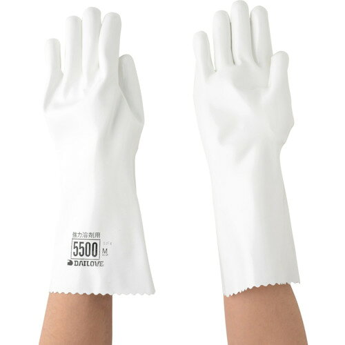 DAILOVE　耐溶剤用手袋　ダイローブ5500（M）JAN：4940656550022メーカー：ベッセル（株）（ダイヤゴム（株）） / ブランド：DAILOVE / 原産国：日本特長●ほとんどの溶剤に溶けることがなく使用後の硬化がありません。●強力溶剤に最適です。●弾きが起こりにくいノンブリードタイプです。●靴底と同素材のポリウレタンを使用しているため丈夫で、軽くて柔らかいです。●手首上までしっかり隠れる長さ33cm（S・Mサイズは31cm）●特別配合のポリウレタンを使用し、柔軟性を維持しながら高い耐摩耗性を実現、タフな作業に。●塗装作業に最適です。●1本1本手作業で、裏地を整えムラの無い膜厚を実現しました。手に張り付きにくいので臭いが出にくく、手洗いも可。●硬化耐性、耐久持続性を備えており、連日・長期間のシンナー作業でも高い作業性を維持できます。用途●自動車、オートバイ、鉄道車両、航空機、宇宙、自転車、船舶、ゴム、プラスチック、樹脂、電子、精密機械、印刷、石油、理化学●塗装、部品洗浄、塗装脱脂、原料溶解、機械メンテナンス、機械治具洗浄、塗料剥離、金型洗浄、印刷洗浄、油脂洗浄、樹脂洗浄、塗料洗浄、運搬作業、粉塵作業仕様●色：ホワイト●サイズ：M●全長(cm)：31.0●手のひら周り(cm)：22.2●中指長さ(cm)：7.4●厚さ(mm)：1仕様（詳細）●裏布付●使用可能溶剤：トルエン、キシレン、アセトン、IPA(イソプロピルアルコール)、酢酸エチル、MEKなど●※その他薬剤についての耐久性は、画像内にある膨潤倍率表をご覧ください。材質／仕上●表:ポリウレタン●裏:綿ご注意●混合した薬剤比率・濃度によって耐久性が異なる場合があります。●詳しくはお問い合わせください。