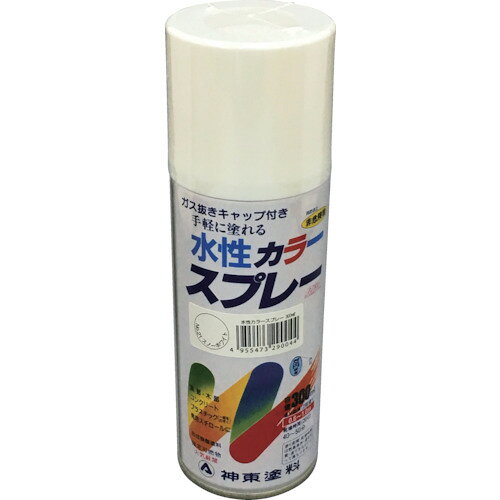 シントー　水性カラースプレー　スノーホワイト　300ML JAN：4955473290044 メーカー：シントーファミリー（株） / ブランド：シントー / 原産国：日本 特長●霧が細かくタレにくく、塗膜は日光や風雨に強いです。●有害なフロン、鉛化合物は使用していません。●水性なのでいやな臭いがなく、幅広い用途に使えます。 用途●屋内外の金属（鉄）、木部、コンクリート、スレート、プラスチックなど。 仕様●色：スノーホワイト●容量(L)：0.3●乾燥時間：50分(20℃) 仕様（詳細）●塗布時間：0.6〜1.0［［M2］］(2回塗り)●乾燥時間：50分(20℃) 材質／仕上●水溶性アクリル樹脂 ご注意●室内での作業時は換気に注意してください。