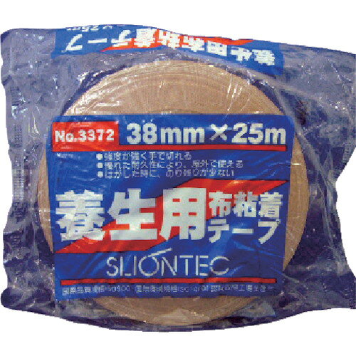 SLIONTEC　養生用布粘着テープ38mm　ブラウン JAN：4961068003722 メーカー：マクセル（株）機能性部材料事業本部 / ブランド：SLIONTEC / 原産国：日本 特長●ゴム系粘着剤で、厚みがあるため、粗面に対して接着力があります。●養生用布粘着テープのエコノミータイプです。●家具、石材、車のボディ、PVC材料塗装表面の養生に使用しないでください。●手で切れます。 仕様●色：ブラウン●幅(mm)：38●長さ(m)：25●厚さ(mm)：0.29●テープカット条件：手で切れます●粘着力(N/10mm)：2.8●粘着力(N/25mm)：7 仕様（詳細）●粘着力：2.8N/10mm●引張強度：51N/10mm 材質／仕上●基材:スフ織物（ポリエチレンラミネート付）●粘着剤:ゴム系