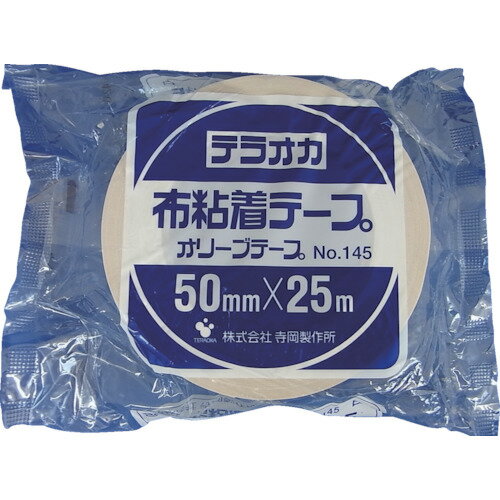 TERAOKA　カラーオリーブテープ　NO．145　白　50mm×25M JAN：4964833145566 メーカー：（株）寺岡製作所 / ブランド：TERAOKA / 原産国：インドネシア 特長 ●鮮明な色を豊富に揃えた重梱包用カラー布テープです。 用途 ●重梱包用途・ケースの色分けに。 仕様 ●色：ホワイト●幅(mm)：50●長さ(m)：25●厚さ(mm)：0.31●製造国：インドネシア 仕様（詳細） ●粘着力：4.32N/10mm●引張強度：74.52N/10mm●芯径：3インチ(76mm)●手で切断可能 材質／仕上 ●基材：スフ●粘着剤：ゴム系