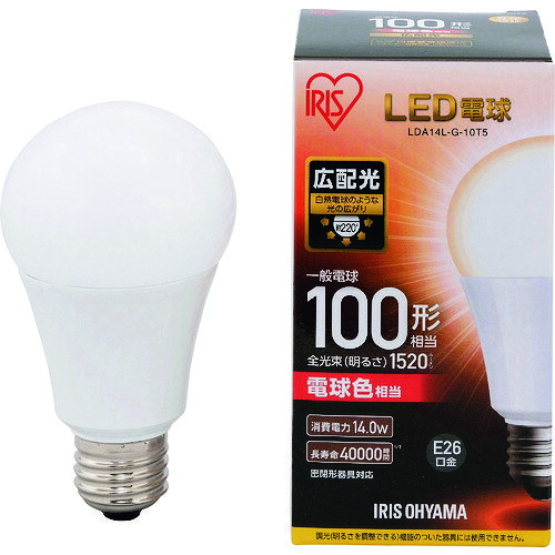 IRIS　567950　LED電球　E26広配光タイプ　100形相当　電球色　1520lmJAN：4967576300315メーカー：アイリスオーヤマ（株） / ブランド：IRIS / 原産国：中国特長●白熱電球のように広範囲に明るい広配光タイプなので、トイレや階段などの照明に最適なLED電球です。●口金サイズがE26口金なので、照明器具を替えることなくご使用いただけます。●密閉型器具にご使用可能です。●長寿命約40000時間で、ランプ交換の手間が少ないLED電球です。仕様●明るさ(lm)：1520●光源色：電球色相当●外径(mm)：65●全長(mm)：116●消費電力(W)：14.0●口金：E26●定格寿命(時間)：40000●電源(V)：100●配光角度(°)：220°●相当電球(W形)：100●色温度(K)：2700●標準消費電力料金：0.37円/h●タイプ：広配光●配光角度(度)：220仕様（詳細）●電源：単相100V●定格寿命：40000時間●配光角度：220°材質／仕上●アルミ、ポリカーボネート、PBTご注意●断熱材施工器具(ダウンライト)にはご使用できません。