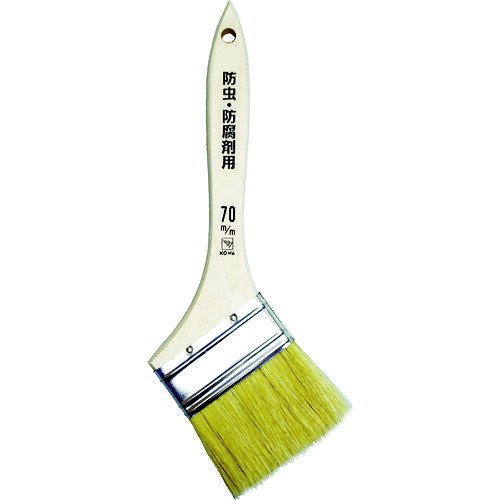 KOWA　防虫・防腐剤用ハケ　筋違　刷毛幅70mm JAN：4972883125698 メーカー：（株）インダストリーコーワ / ブランド：KOWA / 原産国：中国 特長 ●毛腰の強い豚毛使用の刷毛です。 用途 ●防虫・防腐剤用。 仕様 ●刷毛幅(mm)：70●毛丈(mm)：50●玉厚(mm)：12●全長(mm)：260●適合塗料：木部塗料(水性・油性)●形状：筋違型 材質／仕上 ●毛：豚毛●柄：木