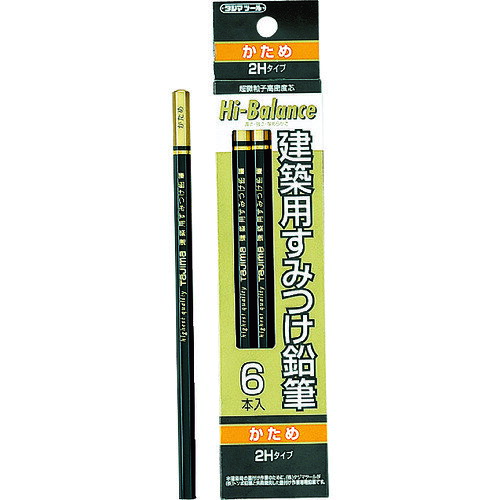 タジマ　建築用すみつけ鉛筆　かため（2H）6本入JAN：4975364064233メーカー：（株）TJMデザイン / ブランド：タジマ / 原産国：日本特長●純度が高く粒子の細かい世界最上級のグラファイト(黒鉛)を採用。高熱処理と適度な油分により濃く、強く滑らかな書き味に仕上げた建築用すみつけ芯です。用途●建築用すみつけ鉛筆●建築用すみつけ鉛筆。仕様●色：黒●タイプ：かため(2H)●長さ(mm)：180仕様（詳細）●芯の太さ：1.0mm●油性材質／仕上●芯：黒鉛●キャップ：ABS樹脂●ケース本体：PP●外装：木ご注意●墨付け、筆記以外には使用しないでください。