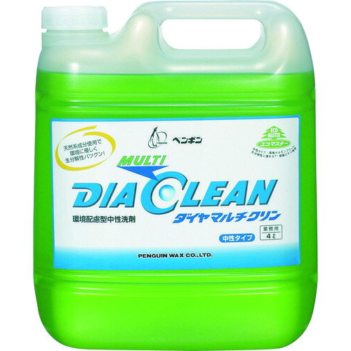 ペンギン　中性ダイヤマルチクリン　4L JAN：4976560062955 メーカー：ペンギンワックス（株） / ブランド：ペンギン / 原産国：日本 特長●環境に優しい中性洗剤です。●OECD基準に適合した生分解性です。●標準希釈倍率は30〜60倍です。 用途●水の使える全ての素材用中性洗剤。 仕様●容量(L)：4●容量(kg)：19.7●希釈倍率：30〜60倍●pH値：7.7●標準希釈倍率：30〜100倍 仕様（詳細）●ISO14001、9001認証取得工場製 材質／仕上●主成分:界面活性剤