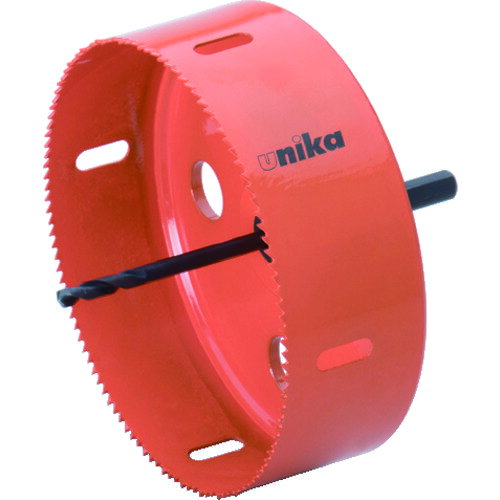 UNIKA　ハイスホールソー　ダウンライト用　125mm　ストレートシャンクJAN：4989270562127メーカー：ユニカ（株） / ブランド：UNIKA / 原産国：日本特長●ダウンライト取付け時の穴あけ専用ホールソーです。●軽い切削感で軽天材も切断可能です。●専用防塵カバー（別売品：BCV-125S）を装着することで、天井穿孔時の切り屑飛散を防止し、施工現場の清掃負担を軽減します。用途●ダウンライト取付け時の石膏ボード、ケイカル板、天井板、合板、塩ビ板、木材の穴あけに。仕様●刃径(mm)：125●ふところ深さ(mm)：38●シャンク形状：三面取(ストレート)●シャンク径(mm)：10/13●刃厚(mm)：1●全長(mm)：144●適合機種：電気ドリル、振動ドリル（回転モード）、充電ドリルドライバ（回転モード、18V以上）材質／仕上●刃部:コバルト高速度鋼（SKH-59）●センタードリル:コバルト高速度鋼