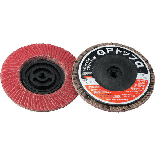 TRUSCO　GPトップα　ねじ込み式　セラミック100Φ　120＃　10枚入JAN：4989999039955メーカー：トラスコ中山（株） / ブランド：TRUSCO / 原産国：日本特長●高研削力、高耐久性を兼ね備えたセラミック砥粒を植え込んでいます。●通常とは異なる特殊成型をしているので目づまりしにくい設計になっています。用途●溶接ビード取り、バリ取り、面取り。●ステンレス、チタン、ニッケル鋼などの難削材に。仕様●粒度(#)：120●外径(mm)：100●羽根長さ(mm)：19.5●ねじ径(mm)：M10●砥材：セラミック●最高使用回転数(rpm)：13600●羽根枚数(枚)：72仕様（詳細）●最高使用周速度：72m/s(4300m/min)●使用工具：100mm電気グラインダーご注意●提供不可：ミルシート
