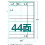 特長●作業現場での梱包製品の表示用ラベルや、オフィスでの郵送物などのあて名表示ラベルに使用できます。●ラベル用紙に特殊加工を施しておりますので、プリンタに優しい設計となっております。●インターネットの各社テンプレートなどで手軽に使用できます。●高白色（ISO白色度：90％）のラベルで画像をより鮮明に際立たせます。●しっかりとした厚さがあるラベル用紙です。用途●部品ラベルやJANコード表示ラベルとして仕様●ラベルサイズ(mm)縦：25.4●ラベルサイズ(mm)横：48.3●色：白●面付：4列×11段（44面）●1パック内：4400片●ラベルサイズ(mm)縦×横：25.4×48.3仕様2●厚さ：0.15mm（ラベル厚さ）●シートサイズ：A4●インクジェット・レーザープリンター兼用（コピー機も使用可）材質／仕上●上質紙セット内容／付属品注意