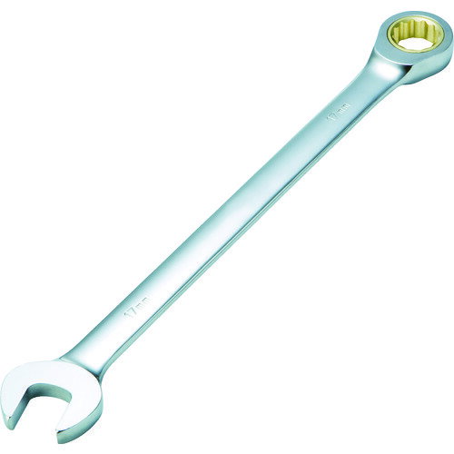 特長●正逆の切り替えは付いていません。●ストレート形状ですので狭い場所や奥まった場所での作業に最適です。●送り角度5°を実現しました。●仕上面は美しく、肌触りがよく重量感があります。用途仕様●対辺寸法(mm)：17●厚さ(mm)スパナ：8.8●全長(mm)：275●厚さ(mm)めがね：10.9●表面処理：三価クロムメッキ仕様2材質／仕上●クロムバナジウム鋼●表面処理：三価クロムメッキセット内容／付属品注意●対辺7、8mmはギア数60枚歯です。●対辺10〜19mmはギア数72枚歯です。