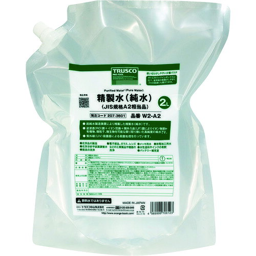 特長●ちょこっと使い用の容量2Lタイプの精製水です。●パウチに入ってるのでゴミとしても捨てやすく、持ち運びにも便利です。●逆浸透膜＋イオン交換＋限外ろ過膜によりイオン物質や有機物、微粒子、微生物を可能な限り取り除いた高純度の純水です。●紫外線殺菌器による殺菌処理を行っています。●JISーK0557、A1〜2区分相当品です。用途●バッテリー補充液として。●電子部品などの洗浄に。●水性塗料の希釈、器具洗浄、スチームアイロンなどに。仕様●容量(L)：2●コック：無仕様2●使用温度範囲：0〜100℃●電気伝導率：1.0μS/cm以下(25℃時)材質／仕上●高純度精製水(100%)セット内容／付属品注意●飲料水ではありません。●＜精製水とは＞水に何らかの手を加えている物全てを精製水と呼びます。●本製品THPW-05はイオン交換法による精製水（純水）であり、+イオンも-イオンもほとんどない純水です。●純水は別名「ハングリーウォーター」と呼ばれ、接触するものに含まれる物質を吸収しやすい性質を持っています。●飲料水に適さないのはそのためです。