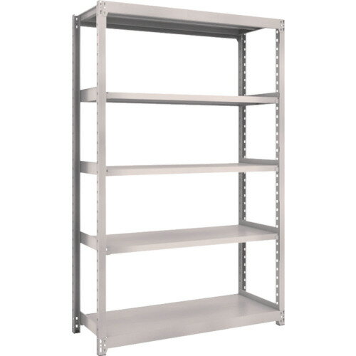 特長●ボルトを1本も使用していないボルトレス構造で、分解・組み立て作業が簡単で、作業時間を大幅に短縮できます。●棚の段変更が、25mmピッチで、自由に調整、変更ができます。●高さ、奥行が同じであれば、増結することができます。また、支柱を兼用することにより、コストダウンが図れます。●優れた断面構造で、荷重、横からのねじれにも強いC型形状の支柱を採用しています。●樹脂ベースの使用により、床を傷つけません。用途仕様●間口(mm)：1160●奥行(mm)：450●高さ(mm)：1800●有効間口(mm)：1116●タイプ：単体型●色：ネオグレー●棚段数(段)：5●棚板調整ピッチ(mm)：25●外形寸法(mm)間口：1205●外形寸法(mm)高さ：1808●組立目安：2人30分●外寸奥行(mm)：455●棚板調整ピッチ：25mm仕様2●均等積載量：200kg/段●最大積載量：1500kg/台材質／仕上セット内容／付属品注意●集中荷重になりますと耐荷重能力は半減します。必ず均等に荷重を分布させてご使用ください。●連結型のみではご使用できません。