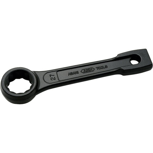 ASH　打撃めがねレンチ27mmJAN：4992676007635メーカー：旭金属工業（株） / ブランド：ASH / 原産国：日本特長●柄の後部穴にロープを通し引っ張りながら打撃部をハンマーで叩いて増し締めしたり、サビついたボルト・ナットの緩め作業に最適です。●衝撃を考慮した硬度でJIS強力級スパナの2.5倍以上の強度をもつ、最も強靱なレンチです。●JIS表示認定工場製です。●表面は、カチオン電着塗装により手が汚れることがなく強力な防錆効果があります。用途●六角ボルト・ナットの締結作業に。仕様●対辺寸法(mm)：27●全長(mm)：185●厚さ(mm)：18●対辺(mm)：27仕様（詳細）●JIS表示認定工場製材質／仕上●特殊鋼●表面処理：カチオン電着塗装