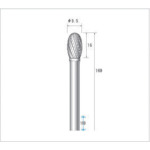 【特長】●軸長が長く奥行きのある加工に適します。【用途】●一般鋼材、各種合金鋼、ステンレス鋼、焼き入れ鋼、非鉄合金、耐熱合金、鋳鉄などの切削、バリ取りに。【仕様】●形状：楕円型(ダブルカット)●刃径(mm)：9.5●刃長(mm)：16●軸径(mm)：6●全長(mm)：169●最高使用回転数(rpm)：10000●オール超硬/ロー付：ロー付【仕様2】●入数：1本【注意】●安全のため、保護メガネなど、保護具を必ず着用してください。●最高使用回転速度以下で使用してください。●回転速度調整ができ芯振れのない高精度グラインダを使用してください。