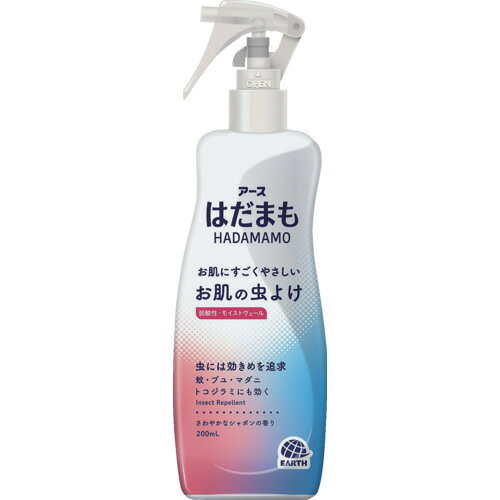 【特長】●お肌にやさしいミストレスタイプの虫よけ剤です。●朝使って夜まで虫からしっかりまもります。（約12時間）●お肌と同じ弱酸性です。●4種のうるおい成分配合（ヒアルロン酸Na・コラーゲン・セラミド・ビタミンC）しています。●お肌を包み込み虫からまもるモイストヴェールです。●汗や水に強く流れにくいです。※大量に汗をかいた後やタオルで拭いた後などは、こまめにぬりなおしてください。●脚元にも使いやすい逆さまでも使えるスプレーです。●さわやかなシャボンの香りです。【用途】●お肌の虫よけ。【仕様】●効果持続目安：約12時間●効果範囲目安：約12時間●容量(ml)：200●適合害虫：蚊、ブユ（ブヨ）、アブ、ノミ、イエダニ、マダニ、サシバエ、トコジラミ（ナンキンムシ）、ヤマビル●タイプ：ミスト●色：白●香り：シャボン【仕様2】●効果・効能：蚊、ブユ（ブヨ）、アブ、ノミ、イエダニ、マダニ、サシバエ、トコジラミ（ナンキンムシ）、ヤマビルの忌避【材質／仕上】●有効成分：1本(200mL)中ディート20g（原液換算10％）●成分：DPG、ヒアルロン酸Na(2)、加水分解コラーゲン末、ステアロイルフィトスフィンゴシン(セラミド)、アスコルビン酸(ビタミンC)、クエン酸、クエン酸Na、エタノール、精製水、香料、その他5成分【注意】●防除用医薬部外品です。●目の周囲や粘膜・傷口にはスプレーしない。