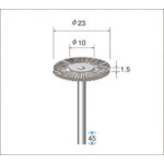 【特長】●各種金属、金型等の研磨コンパウンドによる仕上げに最適です。●動物繊維に比べ均一性があります。●各種金属、金型等の研磨コンパウンドによる仕上げに最適です。【用途】●汚れ落とし、薄膜剥離作業、研磨加工等に、また平面、曲面、溝、スリット、穴、ボトム等の作業に。●医療、科学、化学、食品、電子機器等、各種製品の加工現場に適しています。【仕様】●毛材：耐熱ナイロン●外径(mm)：23●幅(mm)：1.5●軸径(mm)：3●全長(mm)：45●線径(mm)：0.2●最高使用回転数(rpm)：15000●形状：ホイール【仕様2】●入数：5本【注意】●安全のため、保護メガネなど、保護具を必ず着用してください。●最高使用回転速度以下で使用してください。●ご使用に際しては、必ず回転調整付きの精密電動工具をご使用ください。エアーツールは使用不可です。
