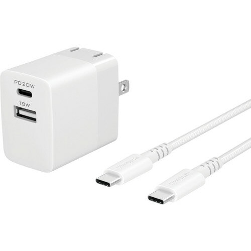 【特長】●単体使用時で最大20Wの高出力PD3.0に対応のUSB Type-Cポートと、かしこく充電できるUSB Type-Aポートを搭載し、スマートフォンやタブレットPCを2台同時に充電できるAC充電器と、断線に強い超タフUSB Type-C to Cケーブルをセットにしました。●また、AC充電器はコンパクトなボディーで電源プラグが折りたたみ式のため携帯性に優れ持ち運びに便利です。●USB PD(Power Delivery)の最大で20W (12V/1.6A) の高出力に対応しているため、Power Deliveryに対応した機器を、通常のUSB充電に比べて高速・安全に充電することができます。【用途】●充電用。【仕様】●ポート数：2●幅(mm)：28.0●奥行(mm)：43.0●高さ(mm)：40.0●ケーブル長(m)：1.2【仕様2】●適合機種：スマートフォン、タブレットPC、モバイルバッテリー、ポータブルゲーム機、オーディオプレーヤー、Wi-Fiルーターなど●USBポート(AC充電器)：USB Type-A×1ポート、USB Type-C×1ポート●入力電圧(AC充電器)：AC100V-240V 50／60Hz●出力仕様(AC充電器)：USB Type-C単体使用時PD3.0 5V／3A、9V／2.22A、12V／1.6A (最大20W)、USB Type-A単体使用時かしこく充電 (SmartIC) 5V／3A、9V／2A、12V／1.5A (最大18W)、USB Type-Cポート＋USB Type-Aポート同時使用時5V／3A(最大15W)●コネクタ形状(ケーブル)：USB Type-C(オス)-USB Type-C(オス)●転送速度(ケーブル)：最大480Mbps●規格(ケーブル)：USB2.0規格準拠、USB PD(Power Delivery)対応●保証期間：2年間【セット内容／付属品】●USB Type-C to C ケーブル1本●USB Type-C+A 2ポート AC充電器1個【注意】●USB Type-C対応機器以外の製品と接続する場合は別途、各端末に対応したケーブルをご用意ください。●PD充電をする場合は、AC充電器に接続するケーブルと端末がPD対応であることを確認してください。●USB PDをご利用になるには接続する機器がPD対応である必要があります。●充電環境により供給される電流値は異なります。