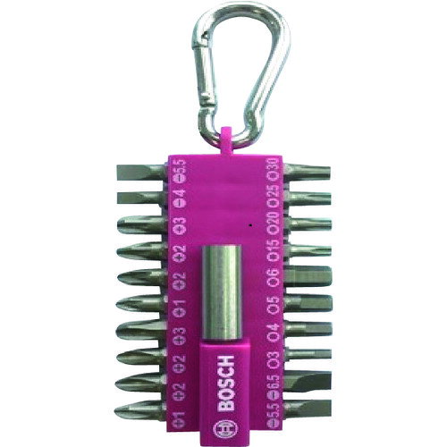 ボッシュ　21pドライバービットセットPU JAN：3165140995528 メーカー：ボッシュ（株） / ブランド：ボッシュ / 原産国：中国 特長●輸入の家具や製品に使われることが増えている5品種の先端を、携帯できるホルダーにまとめました。 用途●電動ドライバーでのネジ締め作業に。●携帯用。 仕様●セット内容：フィリップス1、2、2、3 ・ポジドライブNo1、2、2、3・マイナス4、5.5、5.5、6.5 ・トルクス15、20、25、30・六角3、4、5、6・ビットアダプター●色：紫●対辺(mm)：6.35●溝サイズ(mm)：9 仕様（詳細）●携帯用ビット21種セット紫 材質／仕上●合金工具鋼 セット内容／付属品●フィリップス1、2、2、3・ポジドライブNo1、2、2、3・マイナス4、5.5、5.5、6.5・トルクス15、20、25、30・六角3、4、5、6・ビットアダプター(6.35mmシャンク・9mm溝)●フィリップス1、2、2、3・ポジドライブNo1、2、2、3・マイナス4、5.5、5.5、6.5・トルクス15、20、25、30・六角3、4、5、6・ビットアダプター(6.35mmシャンク 9mm溝)